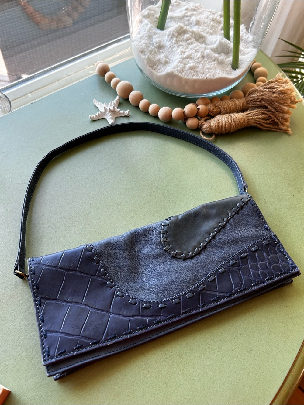 Genuine Leather Boutique Envelope Clutch Shoulder Bag Black Croc Embossed